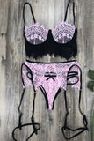 Spaghetti Strap Eyelash Lace Bralette Set with Garter Belt