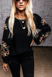 Black Floral Embroidery Long Sleeve Top