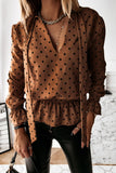 Khaki V Neck Tie Polka Dot Ruffled Blouse