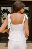 Eyelet Pattern Tied Shoulder Peplum Tank Top