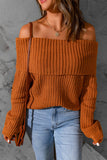 Brown Ribbed Knit Foldover Off Shoulder Sweater