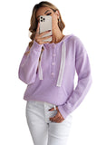 Kangaroo Pocket Button Lace Drawstring Hooded Pullover Sweater