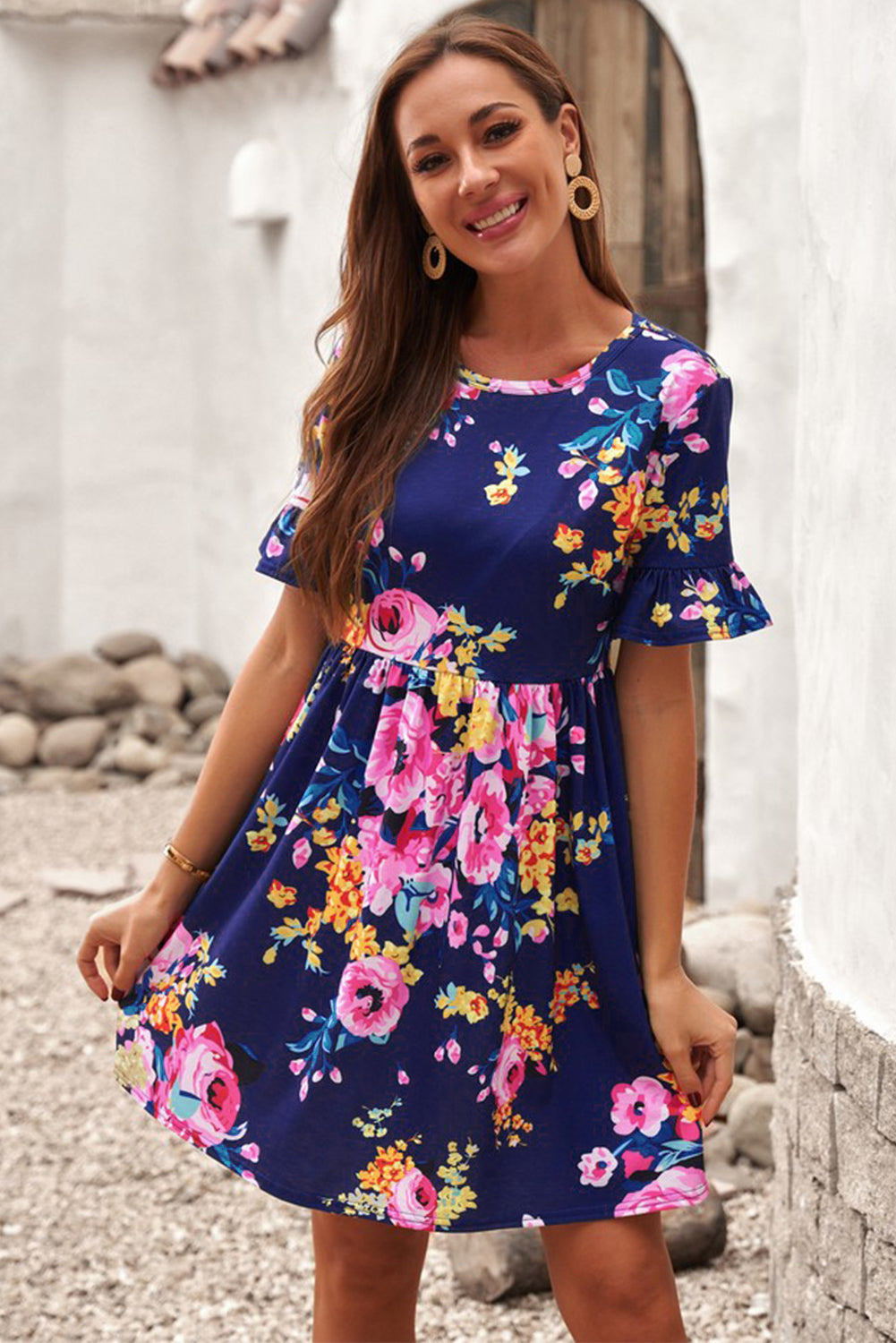 Ruffled Short Sleeve Floral Dress