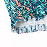 Tropical Printed Sleeve Smocked Two-Piece Swimsuit