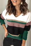 Khaki Casual Color-Block Striped Long Sleeve V Neck Sweater