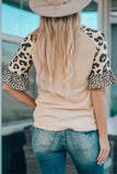 Khaki Coffee Jesus Graphic Leopard Ruffle Sleeve Top