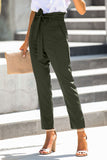 Green Casual Paperbag Waist Straight Leg Pants with Belt