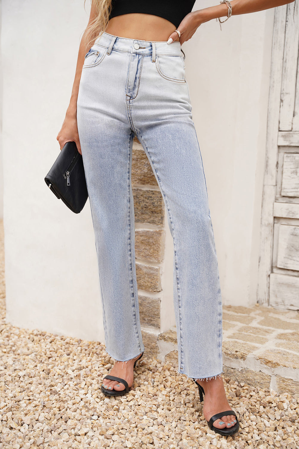 High Rise Ombre Raw Cuffs Straight Jeans
