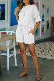 Khaki Crew Neck Short Sleeve Ribbed Lounge Set