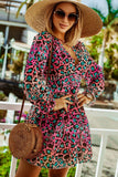 Rose Deep V Neck Cinched Waist Leopard Dress