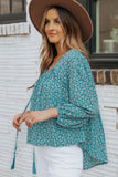 Sky Blue Floral Print Drawstring High Low V Neck Blouse