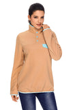 Khaki Stand Collar Buttons Fleece Pullover Top