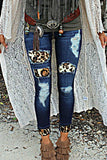 Hollow Out Leopard Splice Ripped Jeans