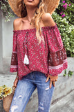Red Boho Off-shoulder Floral Print Blouse