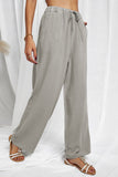 Gray Drawstring Elastic Waist Pockets Long Straight Legs Pants