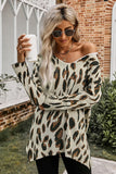 V Neck Leopard Knit Tunic Sweater with Slits