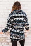 Blue Tribal Print Pocket Buttoned Sherpa Jacket