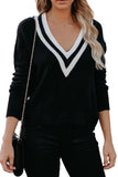 Deep V Contrasted Neckline Knitted Sweater