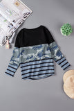 Camo Striped Color Block Girl's Crewneck Long Sleeve Top