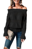 Off Shoulder Ruffle Long Sleeve Smocked Waist Lace Crochet Blouse