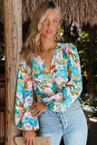 Sky Blue Floral Print Wrap Long Sleeve Bodysuit