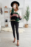 Khaki Colorblock V Neck Ribbed Knitted Sweater