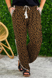 Leopard Side Slit Drawstring Waist Casual Pants