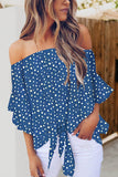 Polka Dot 3/4 Bell Sleeve Off Shoulder Front Tie Knot Top