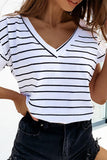 White Stripe V-neck Short Sleeve T Shirt