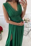 Crochet V Neck Sleeveless Ruched High Waist Maxi Dress