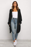 Beige Long Line Open Front Knitted Cardigan with Pockets