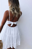 Spaghetti Straps V Neck Lace Bodice Ruffled Mini Dress