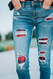 Plaid Patch Destroyed Skinny Jeans