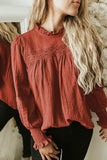 Brown Ruffled Neckline Ruched Long Sleeve Crinkle Top