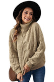 Khaki Solid Turtleneck Cable Knit Pullover Sweater