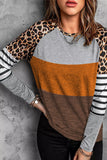 Leopard Striped Color Block Long Sleeve Blouse