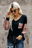 Sequin Splicing V Neck Bishop Sleeves Top