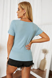 Scoop Neck Buttoned Front Ribbed Knit Short Sleeve Top