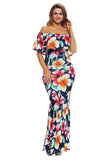 Turquoise Roses Print Off-the-shoulder Maxi Dress