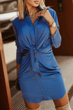 Blue Ruched Front Tie Buttoned Long Sleeve Shirt Dress