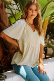 Beige V-Neck Crochet Detail Babydoll Top