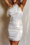 White One-shoulder Feather Neckline Sleeveless Short Dress