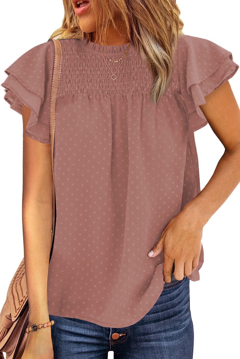 Tiered Sleeve Frilled Neck Dotted Top
