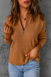 Brown Half Zip Ribbed Knit Pocketed Sweater