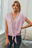 V Neck Lace Patchwork Tee with Knot