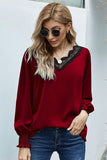 V Neck Lace Patchwork Green Blouse