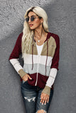 color Zipped Front Colorblock Hollow-out Knit Hoodie