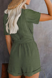 V Neck Short Sleeve Buttons Belted Romper with Pockets