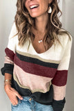 Khaki Colorblock V Neck Ribbed Knitted Sweater