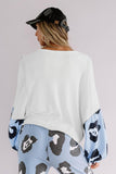 Leopard Splicing Waffle Knit Puff Sleeve Blouse